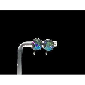 Aurora Borealis Pair Round Stone Silver Tone Screw Back Vtg Earrings